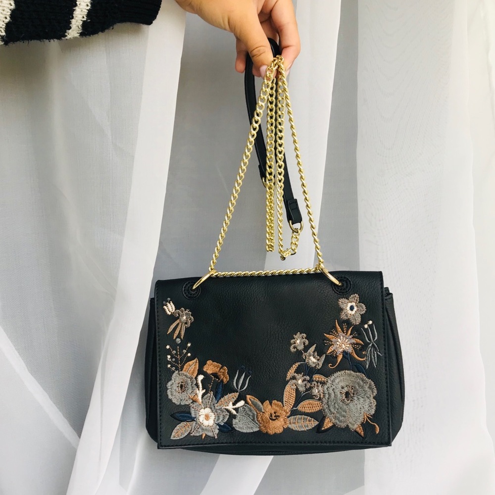 Black Floral Embroidered Over the Shoulder Bag - Picture 7 of 10